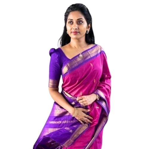 Image of DHIHA Gadwal Cotton Saree for Women | Pure Kalyani Cotton Saree with Zari Border Tassels & Blouse | Kanjivaram Linen Silk | Handloom Weave