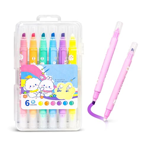 Image of WISHKEY Double-Head Erasable Marker Pens, Non-Toxic Ink, Quick Drying Colorful Highlighter Pens for Multipurpose, Stationery Items for Kids and Adults, 8+ Years (Pack of 6, Multicolor)