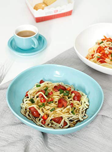 Wide and Shallow Porcelain Salad and Pasta Bowls Set of 6-24 Ounce Microwave and Dishwasher Safe Serving Dishes, Turquoise