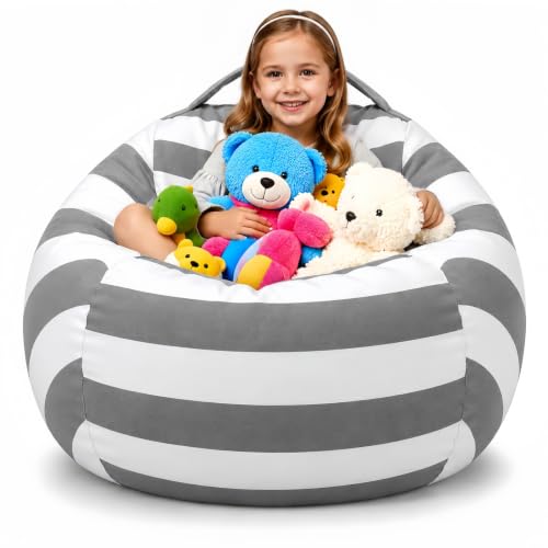Amzlink Stuffed Animal Storage Bean Bag Chair Cover for Kids - Stuffable Zipper Beanbag for Organizing Children Plush Toys Heavy Duty Cotton Canvas Ideal for Bedroom Classroom(X-Large for Kids)