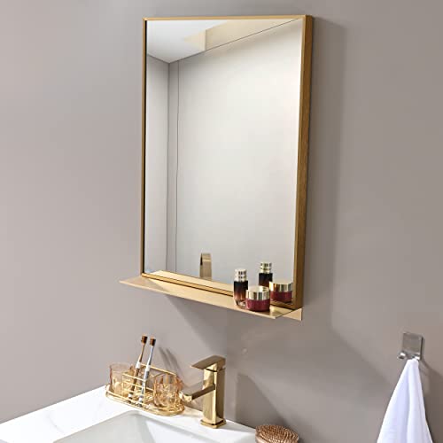 Petushouse Framed 20'' X 28'' Rectangular Gold Mirrors With Removable Shelf, Modern Wall Mirror For Bathroom, Bedroom, Living Room, Hanging Vertically #TOP13