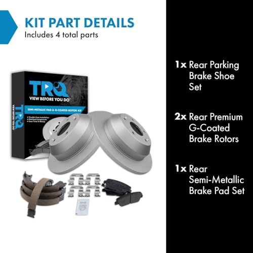 Image of TRQ Rear Brake Pad and Rotor Set Semi Metallic G Coated Rotors Parking Shoe Compatible with 2010-2012 Hyundai Santa Fe 2011-2013 Kia Sorento