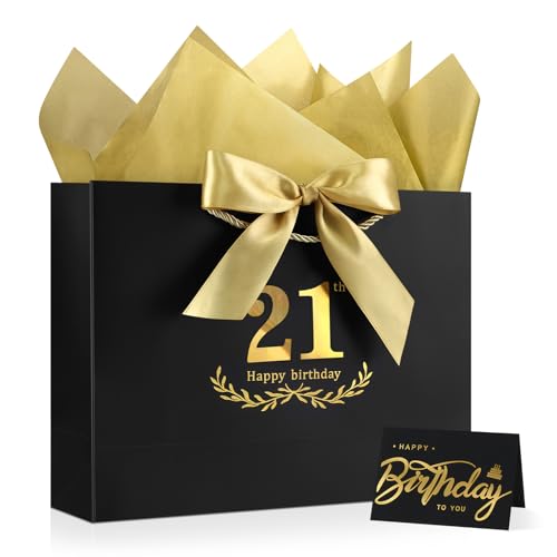 Image of JMANNI Black Gold 21st Birthday Gift Bag with Card and Tissue Paper, 12.6 inchx9.84 inchx3.9 inch Elegant Present Bag for Adults, 21 Year Old Birthday Keepsake Party Supplies