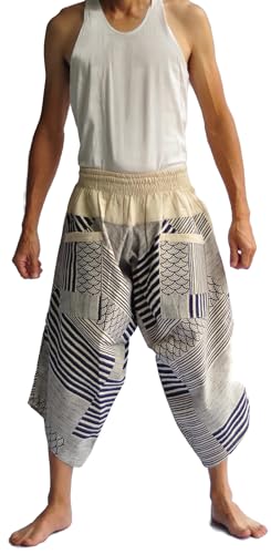 Siam Trendy Samurai Pants Harem Pants Men's Japanese Style Pants One Size White with Leaf Design Wave Blue Printed