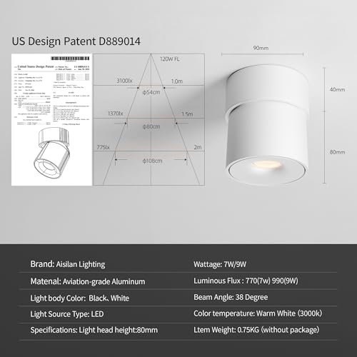 Image of Aisilan 7W Dimmable LED Ceiling Spotlight, Adjustable Directional Surface Flush Mount Lighting, Wall Spot Lights Indoor Accent Fixture Fitting for Kitchen Bedroom Living Room, 3000K, White