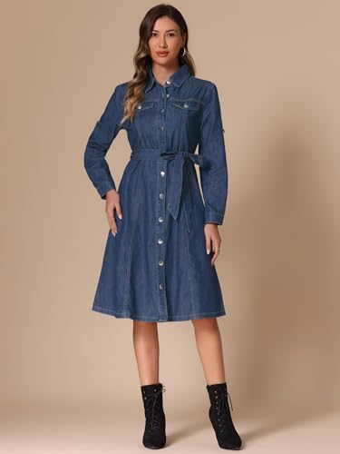 Image of Allegra K Denim Dress for Women's Long Sleeve Button Down A-Line Belted Classic Jean Dresses