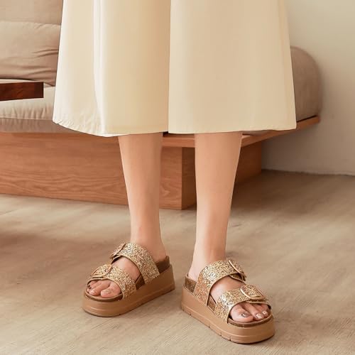 Image of Womens Platform Sandals Cork Footbed with Comfort Double Buckles,Slip on Platform Slides Summer Beach Wide Widths Sandal Shoes