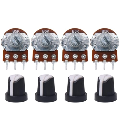Image of Electronic Spices 5k 3 Pin Round Shaft Rotary Potentiometer Volume Pot 5K with Knob for Multiple Applications (Pack of 4)