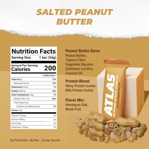 Image of Atlas Real Food Protein Bar - 20g Protein, 10g Fiber, 1g Sugar, No Seed Oils, No Artificial Sweeteners (Variety, 4 Count)