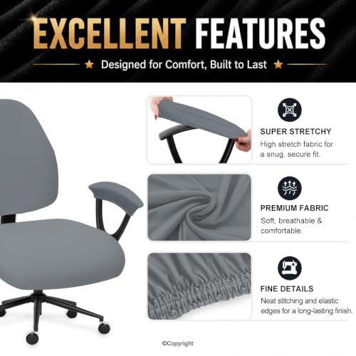 Image of Super Stretchable Separate Office Chair Seat Covers - Universal Spandex Computer Chair Slipcover - Rotating Backrest Coverings & Cushion Protectors & Armrest Covers for Dogs, Cats, Pets, Mid Gray