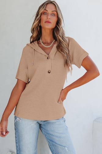 Image of Dokotoo Womens Summer Tops Waffle Knit Short Sleeve Lightweight Drawstring Hoodies Button V Neck Casual Blouses Shirts