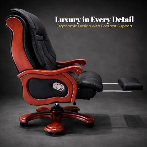 Image of Lakdi The Furniture High-Back Pure Leather Office Chair with Recliner, Swivel, Adjustable Height, Armrests, and Lumbar Support for Boss /Director & Executive - 111011282 BLK PL