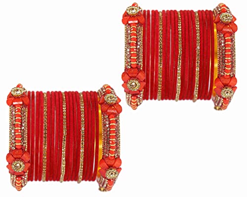 NMII Non-Precious Metal Base Metal with Zircon Gemstone Or Velvet worked and Flower Pattern Glossy Finished Chuda Set For Women and Girls, (Red1_2.2 Inches), Pack Of 42 Bangle Set Deal