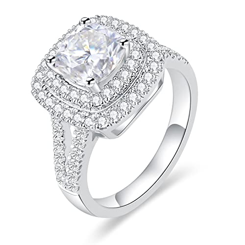 3ct Halo Cushion Cut Moissanite Engagement Rings for Women, D Color VVS1 18K white glod plated 925 Sterling Silver Lab Created Diamond Promise Ring valentine's day jewelry gifts