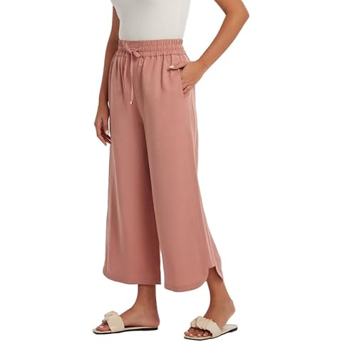 Les umes Woman Linen Pants High Waist Drawstring Wide Leg Capris Casual Split Summer Loose Ankle Pants Trousers Pink L Cover