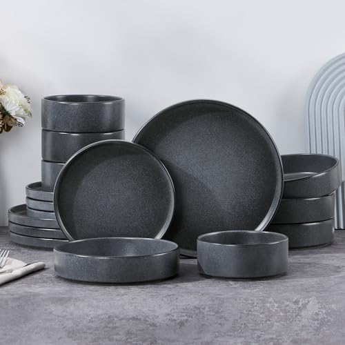 E-far 16-Piece Plates and Bowls Sets - Stoneware Dinnerware Sets with Pasta Bowls for 4 | Microwave & Dishwasher Safe Modern Dish Set, Deep Gray