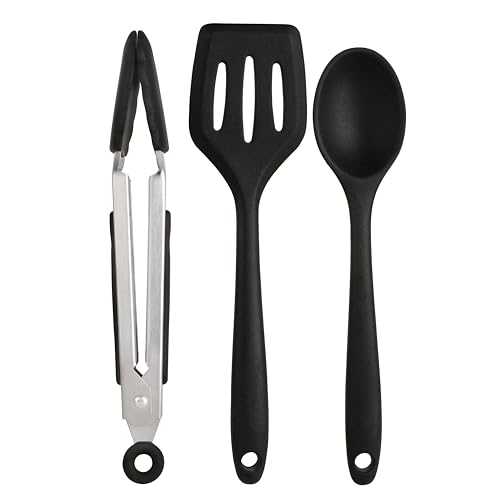 Wiltshire Silicone Mini Kitchen Tongs, Serving Spoon & Turner Set of 3, Cooking Spoon Serving Tongs & Spatula, Salad Tongs Stainless Steel, Heat-Resistant, Non-Stick, Non-Scratch, Midnight Black