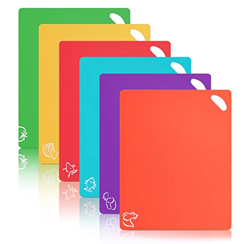 Alliebe 6 Pack Flexible Plastic Cutting Board Mats Colored Mats With Food Icons BPA-Free Non-Porous Gripped Back and Dishwasher Safe