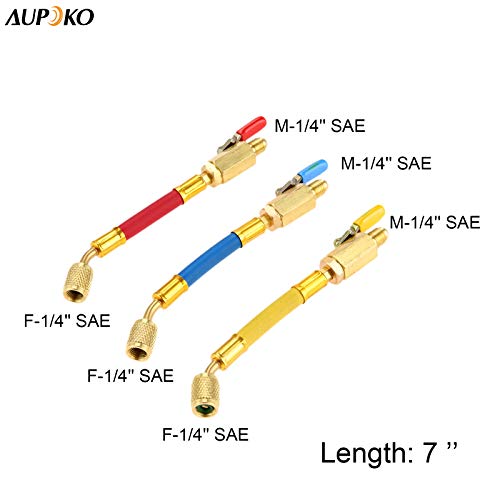 R134A R410A R22 R12 Charging Hoses And Ball Valve Set, 3 Pcs Color Coded Hoses/W Ball Valve 1/4" Sae Thread (7" Long) For Ac Hvac Maintenance Kit And Air Condition Refrigeration Charging Tools #TOP1