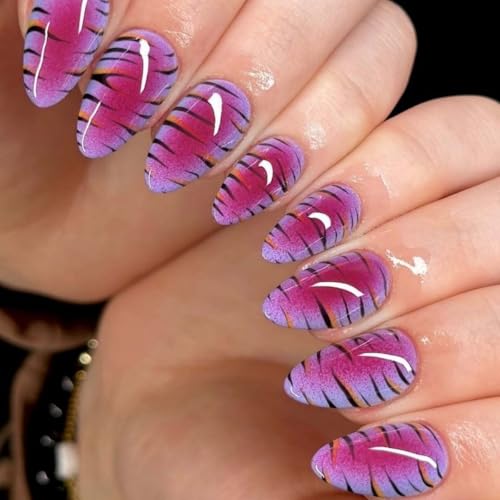 Image of Purple Press on Nails Glitter Fake Nails Medium Almond Glue on Nails Stripe False Nail with Design Glossy Full Cover Reusable Artificial Acrylic Stick on Nail for Women Manicure 24Pcs