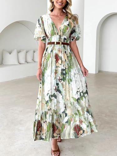 Image of Flessibili Womens Short Sleeve Floral Maxi Dresses 2026 Spring Wedding Guest Party Summer Dress Green Abstract X-Large