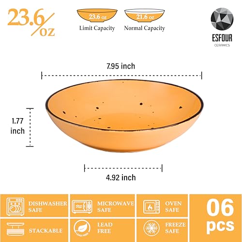 Esfour 8 Inch Porcelain Pasta Bowl, 23.6 Ounce Salad Bowls, Microwave & Dishwasher Safe, Sturdy & Stackable, Set of 6 Ceramic Bowl Plate Set, Wide Shallow Salad Bowls, Blossom Assorted Colors by Esfour Ceramics - Used condition - Image 3