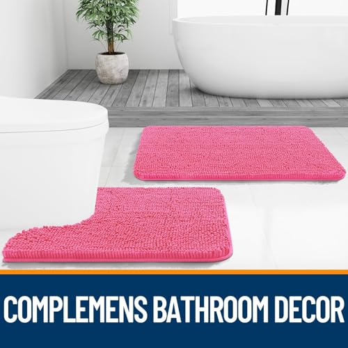 Image of OLANLY Bathroom Rugs Sets 2 Piece, Soft Absorbent Chenille Bath Mats and U-Shaped Contour Toilet Mat Area Rug Set, Machine Washable Bath Carpet, Home Decor Accessories(47 inchx20 inch+24 inchx20 inch, Hot Pink)
