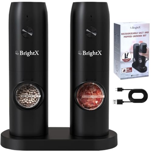 Premium Electric Salt and Pepper Grinder Set – USB Rechargeable Automatic Spice Mills with Charging Base, Adjustable Coarseness, LED Light | Ceramic, Cordless, Refillable, Automatic Salt Shakers