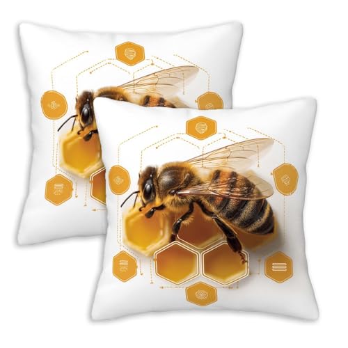 MtoLatap Honeycomb Bee Throw Pillow Covers 18x18 Set of 2, Rustic Nature Decorative Cushion Covers, Beehive Insect Pillowcases, Hexagon Botanical Home Accent, Modern Farmhouse Decor