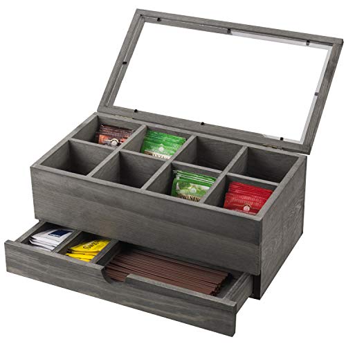 MyGift 8-Slot Vintage Grey Tea Bag Storage Case with Clear Lid & Pullout