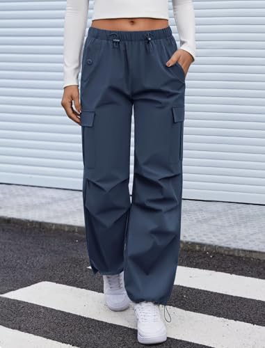 Cargo Pants Women Elastic Waisted Parachute Hiking Pants with Pockets Water-Resistant Lightweight Baggy Pants - Image 3
