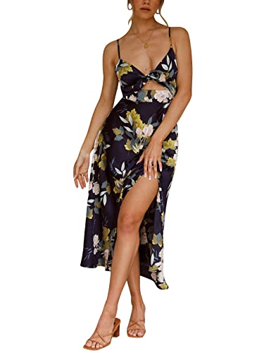 Fashionme Women Spaghetti Strap Midi Satin Dresses Tie Front Backless Slit Cutout Dress Semi-Formal/Casual Flowy Lightweight Sundresses Slit Semi-Formal/Casual Wedding Guest Beach Cocktail