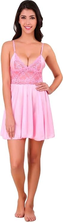 dreamish Women's Satin Babydoll Nightdress with Lace Detail | V-Neck Design, Spaghetti Straps, Flared Skirt, Sleepwear, Lace Bodice-picture-20