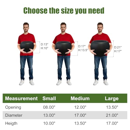 13.5 H x 17" Dia (12" Pot Opening) Round Fiberstone Planter with Drainage Hole, Black, Indoor/Outdoor Large Plant Pot for Home Patio Garden, Ideal for Large Plants