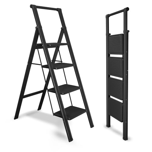 Image of Lifelong 4 Steps Steel Ladder with Handle for Home, Foldable & Portable Stairs, Versatile Use for Kitchen, Bathroom & Office Foot Stool - Multipurpose Step Stool with 150 Kg Capacity (LLSLH04, Black)