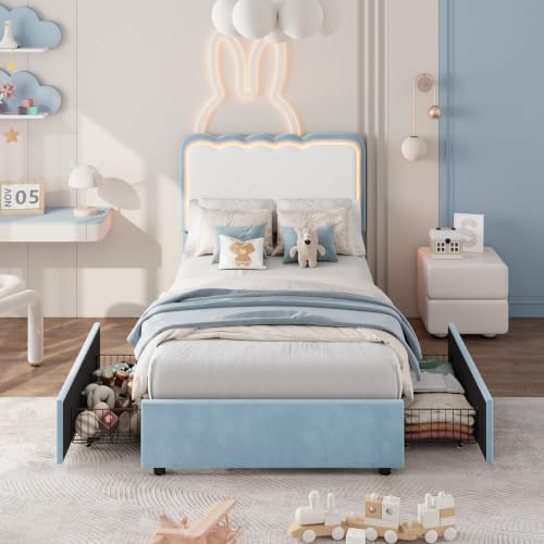 Image of Garvee Irregular Wave LED 2-Drawer Soft Upholstered Bed, Soft Padding