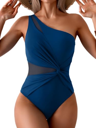 One Shoulder One Piece Swimsuit for Women Mesh Tummy Control Bathing Suit Twist Swimwear with Removable Strap Peacock Blue