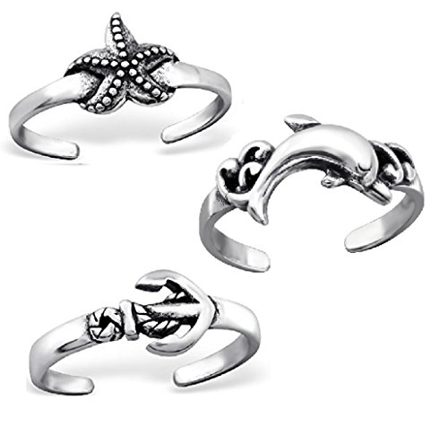 ICYROSE 925 Sterling Silver Set of 3 Starfish, Anchor, Dolphin Adjustable Toe Ring or Above Knuckle Ring Mid Finger
