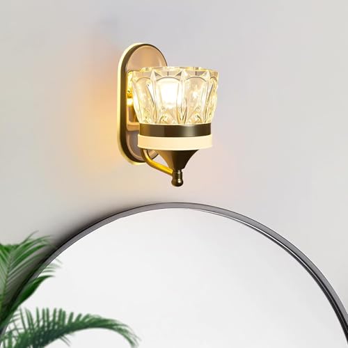Image of SINOMAN Modern LED Wall Lamp with Golden Finish and Crystal Glass Shade Decorative Indoor Wall Light 3 in 1 Color Changing, (Warm, Neutral, Cool White) Ideal for Living Room, Bedroom, and Home Decor