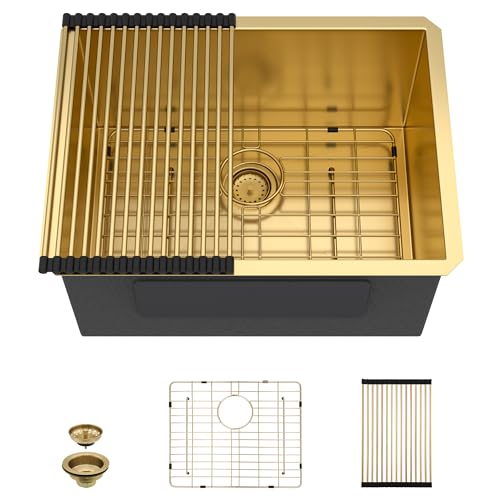 Image of 24 inchx18 inch Undermount Laundry Utility Sink - 16 Gauge 304 Stainless Steel Brushed Gold NANO-PVD 12 Inch Deep Single Bowl Under Counter Laundry Room Sink