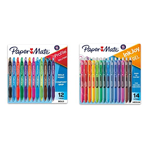 Paper Mate Profile Retractable Ballpoint Pens, Bold Point (1.4mm), Assorted, 12 Count & Gel Pens | InkJoy Pens, Medium Point, Assorted, 14 Count