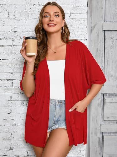 Image of AusLook Plus Size Short Sleeve Cardigan for Women Lightweight with Pockets | 100% Polyester,Elbow-Length Drop Shoulder Sleeves,Side Slit Hem,Longline Coverage,Dresses Jeans Office Travel Vacation