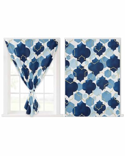 Navy Blue Geometric Moroccan Self Adhesive Portable Curtains for Windows,Thermal