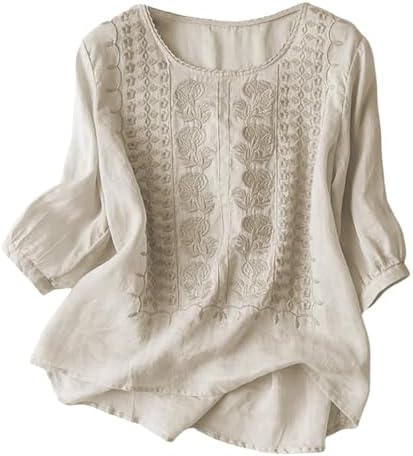 Linen Shirts for Women, Boho Tops for Women Trendy Summer Embroidered 3/4 Sleeve Blouses Dressy Casual Vacation Tops
