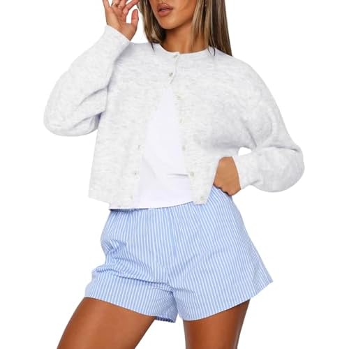 Kistore Womens Cropped Cardigan Sweaters Crew Neck Long Sleeve Button Up Sweaters Lightweight Knit Trendy Sweaters 2026 A-light Gray X-Large