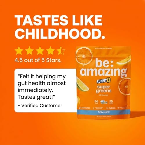 Image of BE AMAZING Super Greens Powder with Prebiotics, Digestive Enzymes & Antioxidants, 35 Fruits & Veggies, Electrolytes & Fiber, Vegan, Gluten Free Juice & Smoothie Mix, Sunny D, 25 Servings