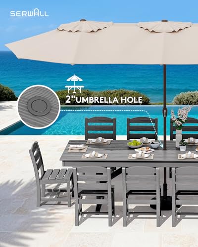 Image of SERWALL Outdoor 84 inch HDPE Dining Table with Umbrella Hole for 6-8, Gray | 9-piece HDPE 84 inch dining table, Ideal for Outdoor Gathering