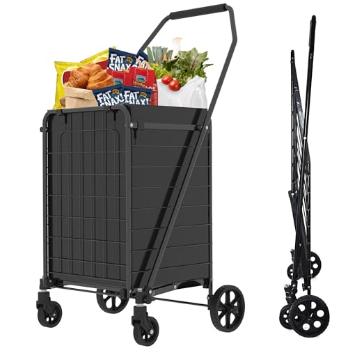 Carrito de comestibles ligero con doble cesta y estante, ruedas giratorias de 360°, ideal para compras, transporte de lavandería y uso al aire libre