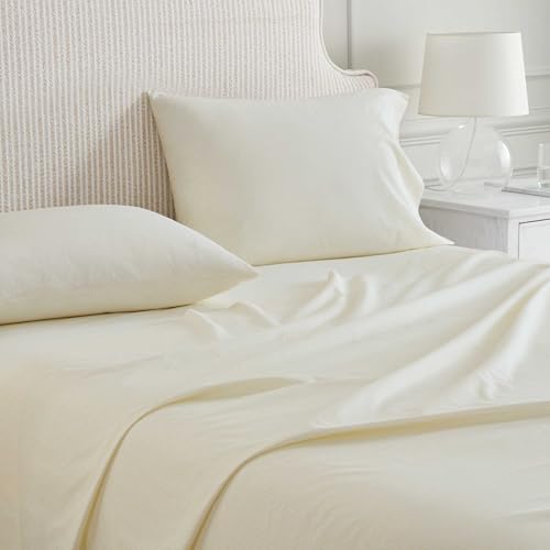 Image of Martha Stewart - King Size Sheets Set, Crisp & Tailored Cooling Sheets with a Naturally Smooth Cotton Percale Lightweight Feel - Bed Sheets with Matching Pillowcases & Fitted Sheet (Stripe Yellow)