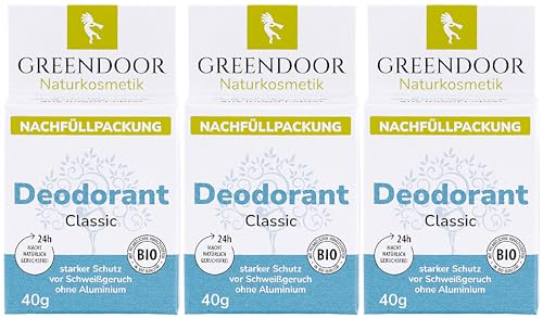 GREENDOOR Desodorante Refill System, 3 x 40 g Refills Classic, desodorante sólido recargable sin aluminio, protección fuerte, vegano, discreto aroma unisex, sin plástico